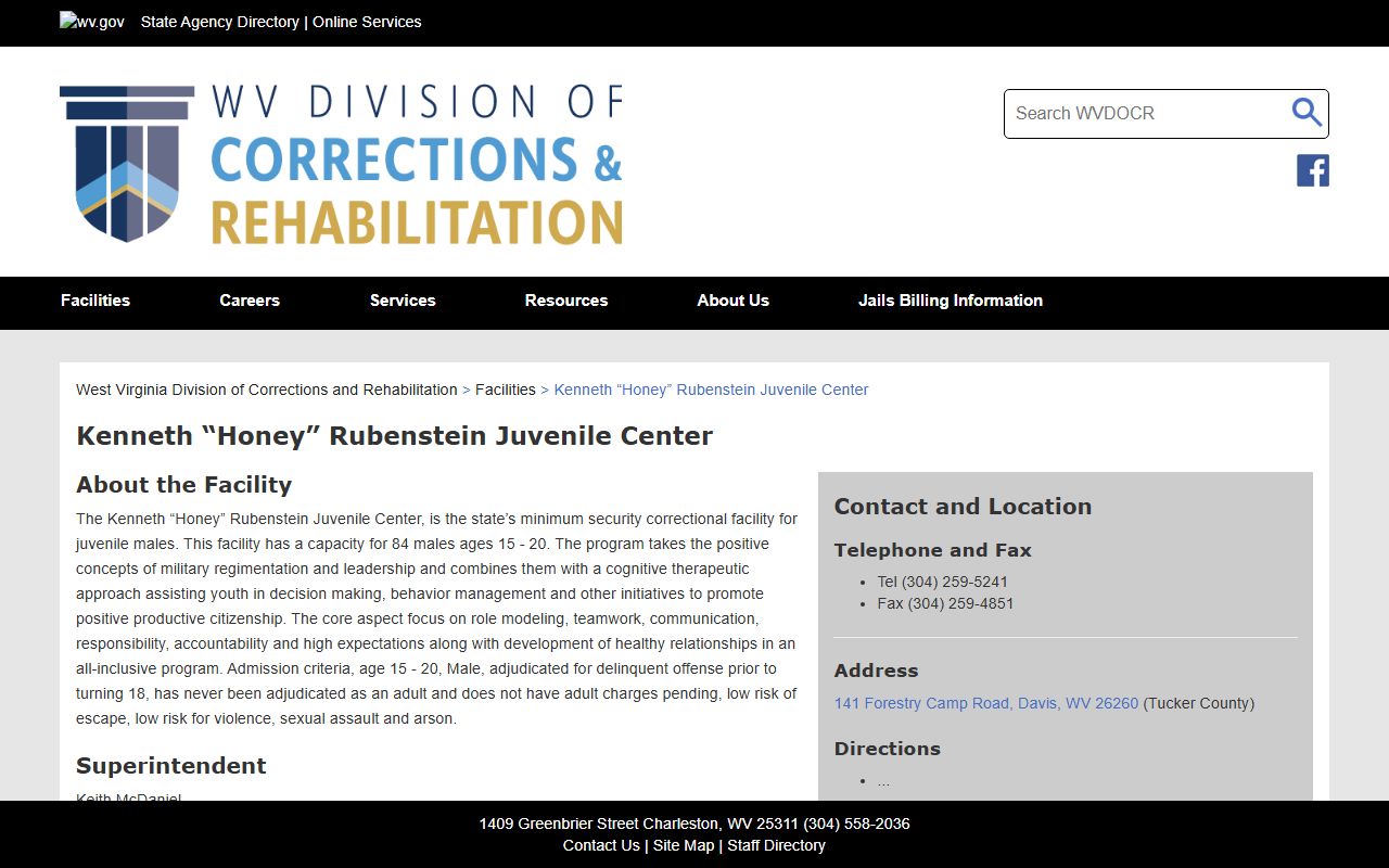 Kenneth Honey Rubenstein Juvenile Center DCR facility record for Tucker County juvenile custody