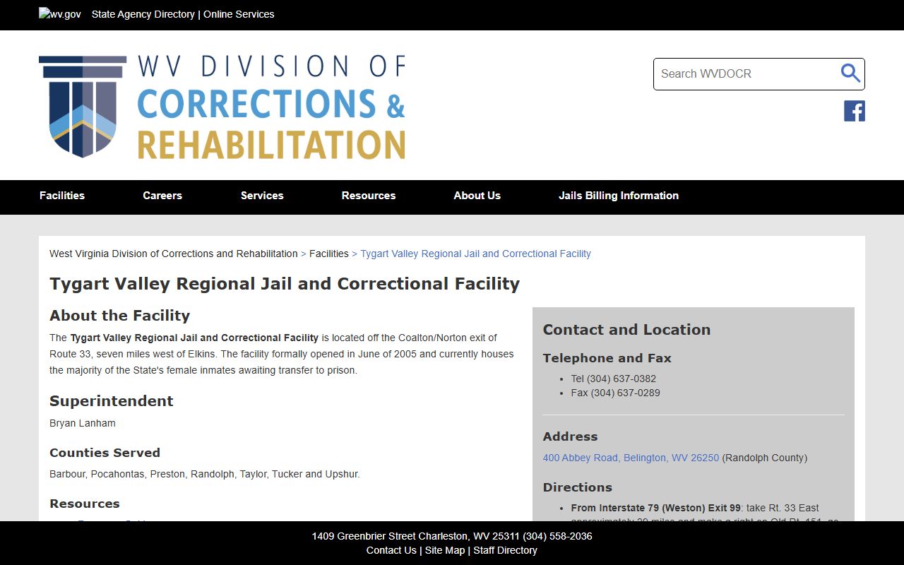 Tygart Valley Regional Jail and Correctional Facility official DCR record for Tucker County inmates